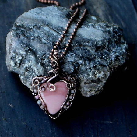 Australian Pink Opal heart with Rhodonite in Copper with chain