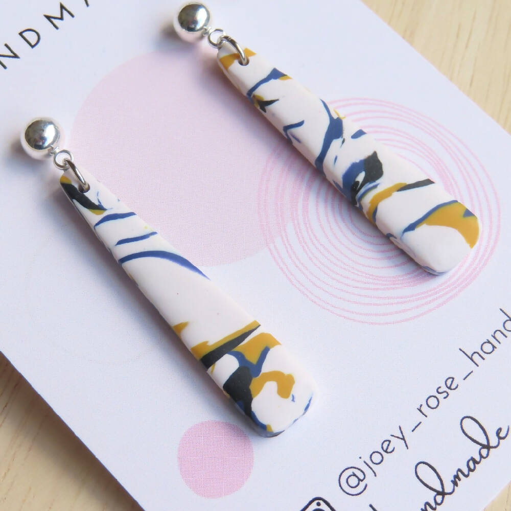 MELINDA ~ Cream, Mustard and Navy Marbled ~ Polymer Clay Earrings