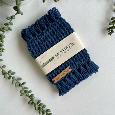 Mug Rug | Crochet Coaster with fringed edge - Blue
