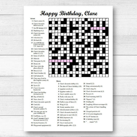 DIGITAL - Personalised Custom Crossword Puzzle, STANDARD-size, Printable PDF