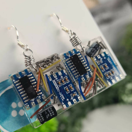 Dangle Earrings - Nerd Computer Chip - Resin - Hook - Recycled Parts