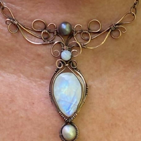Rainbow Moonstone and Pearl Necklace in Copper