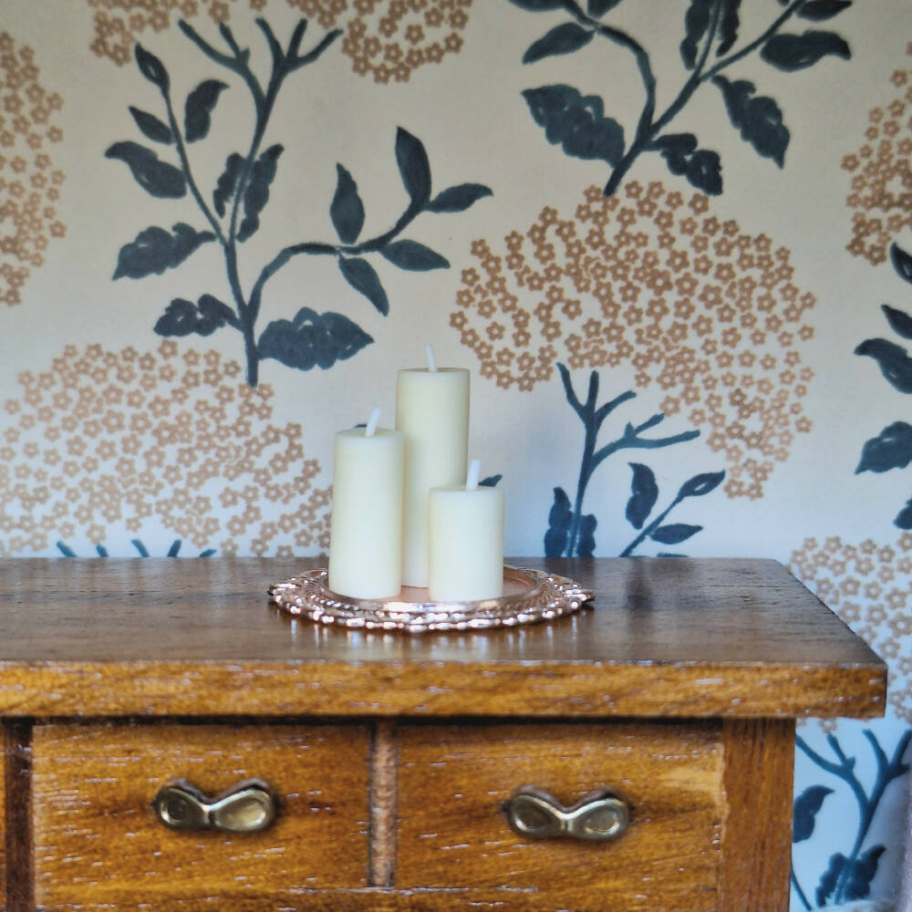3 Beige Candles set on a Rose Gold Tray