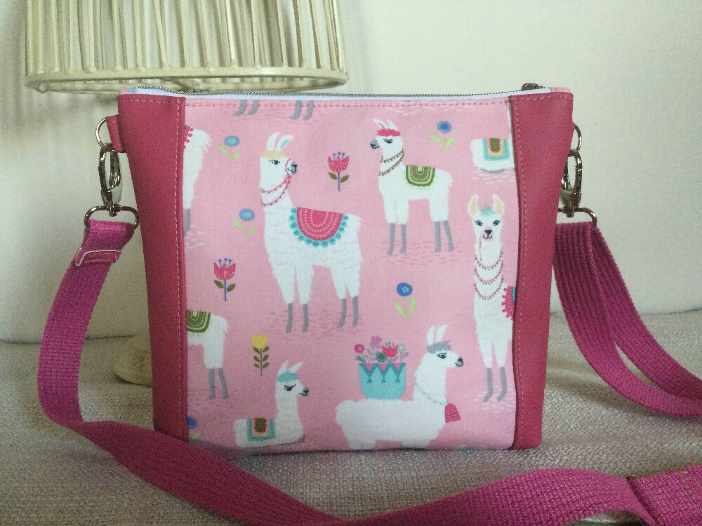 Devlin Crossbody Bag - Llamas on Pink/ Pink Faux Leather