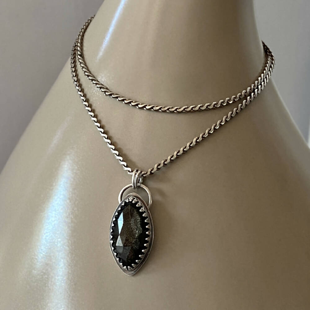 Pendant Sterling Silver Obsidian Marquis Gothic L