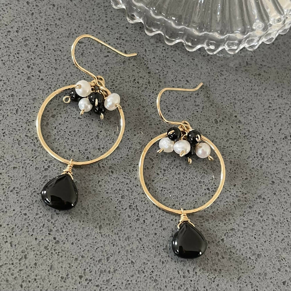 14K Gold filled black onyx and pearls earrings