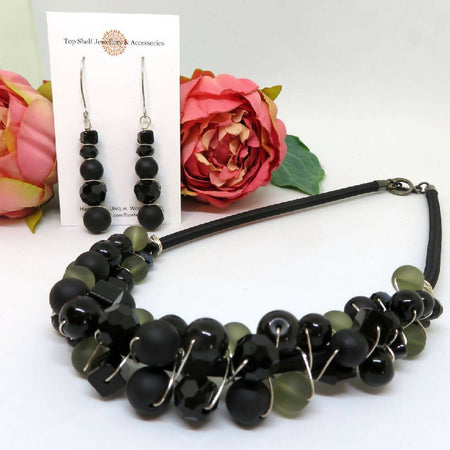 Black Olive/Grey Wire Wrapped Beaded Necklace Earrings Set