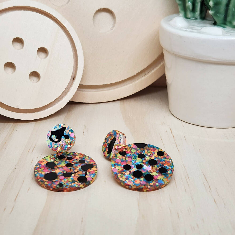 Dangle Earrings - Confetti Leopard Spots - Resin Stud Top