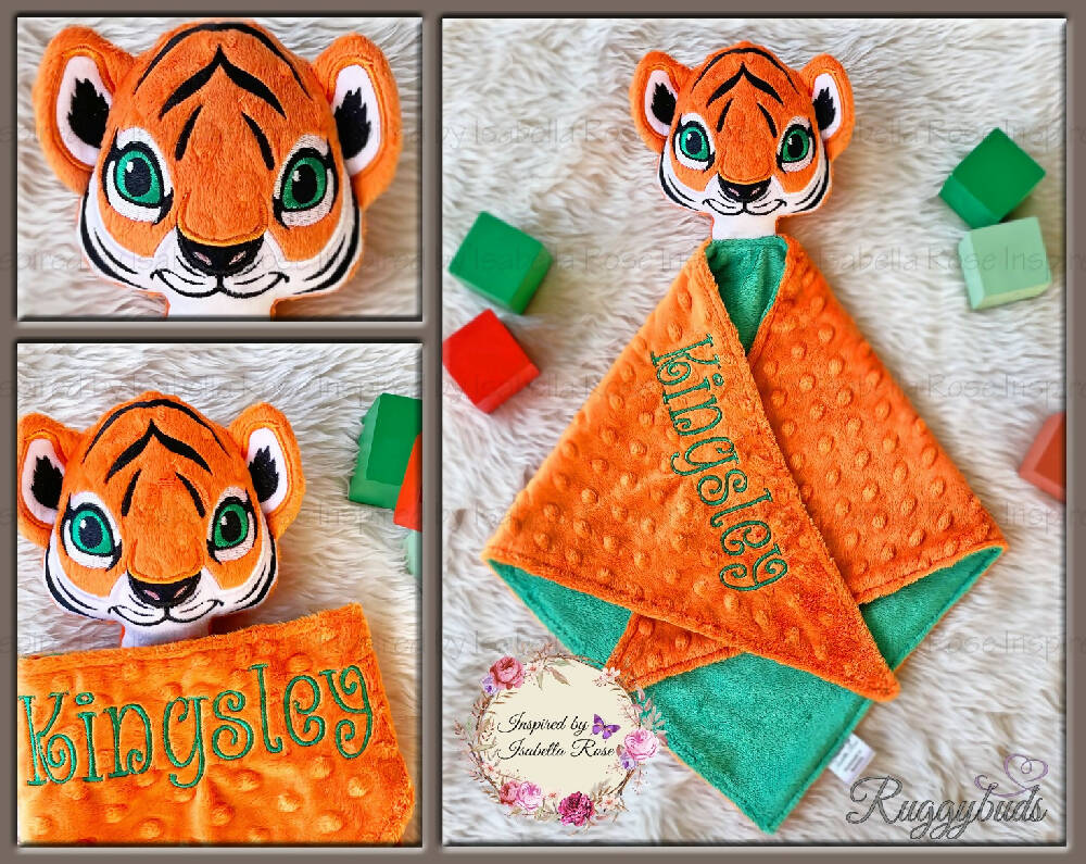Baby comforter, Embroidered name, Tiger themed Ruggybud, Made to order