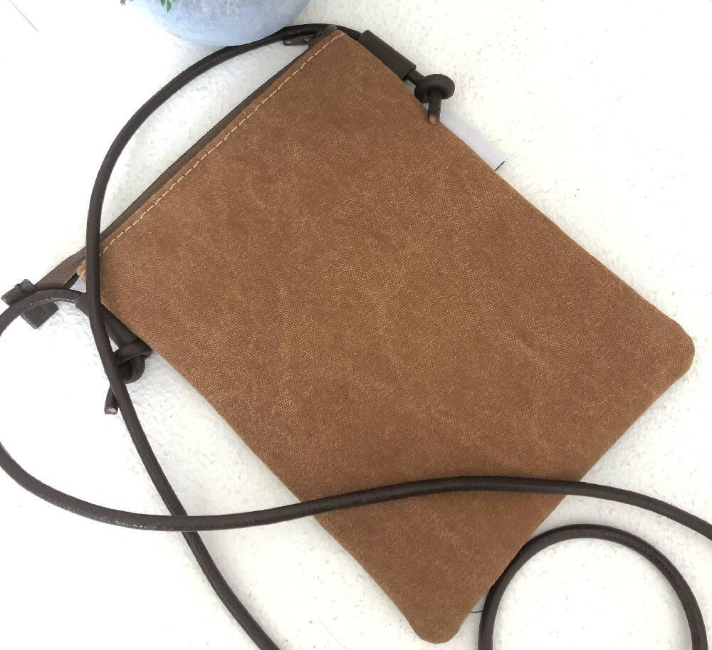 Cross Body Phone Sling Bag in Tan Canvas with Moonlight Flora