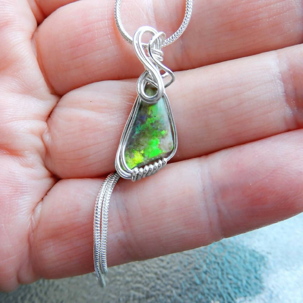 Andamooka Vivid green opal pendant Sterling silver wire wrapped