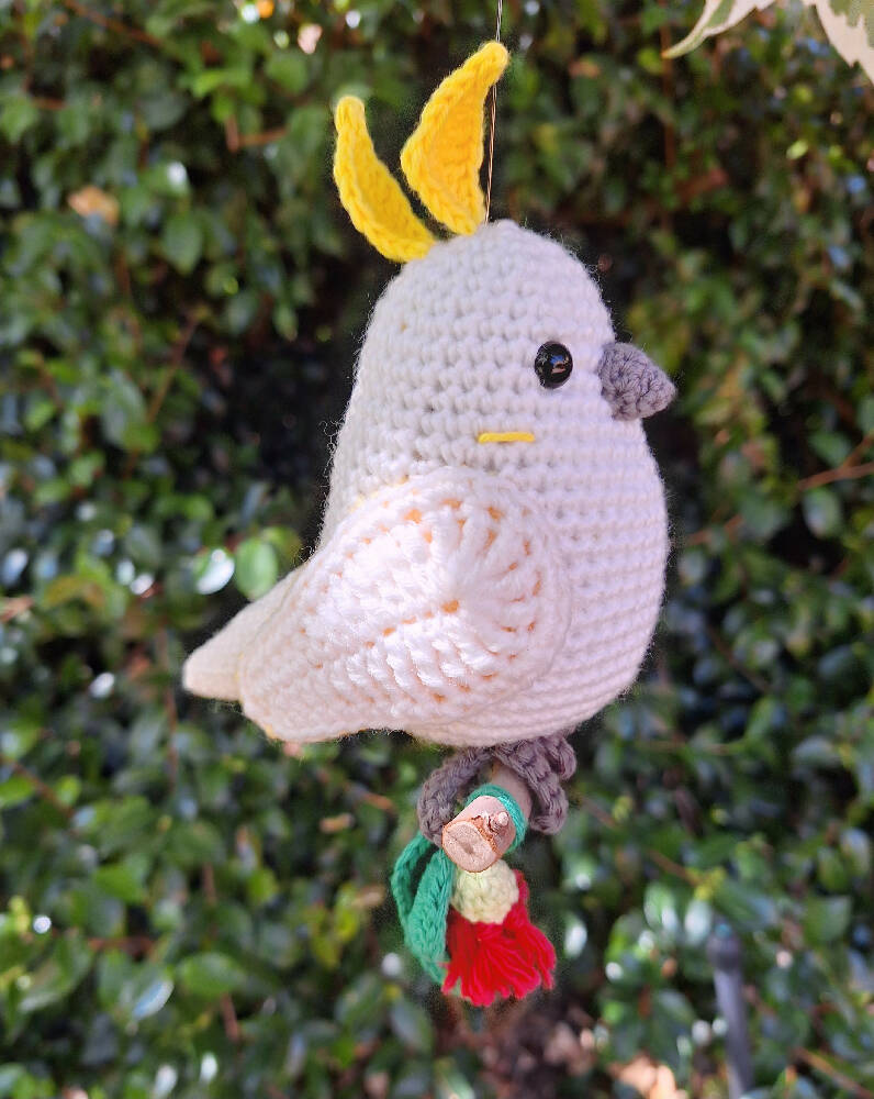 crocheted sulphur crested cockatoo on perch room decoration