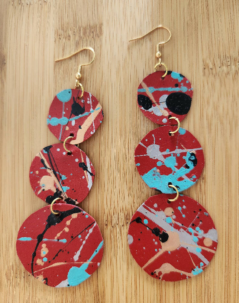 Lightweight splatter red statement leather dangle earrings