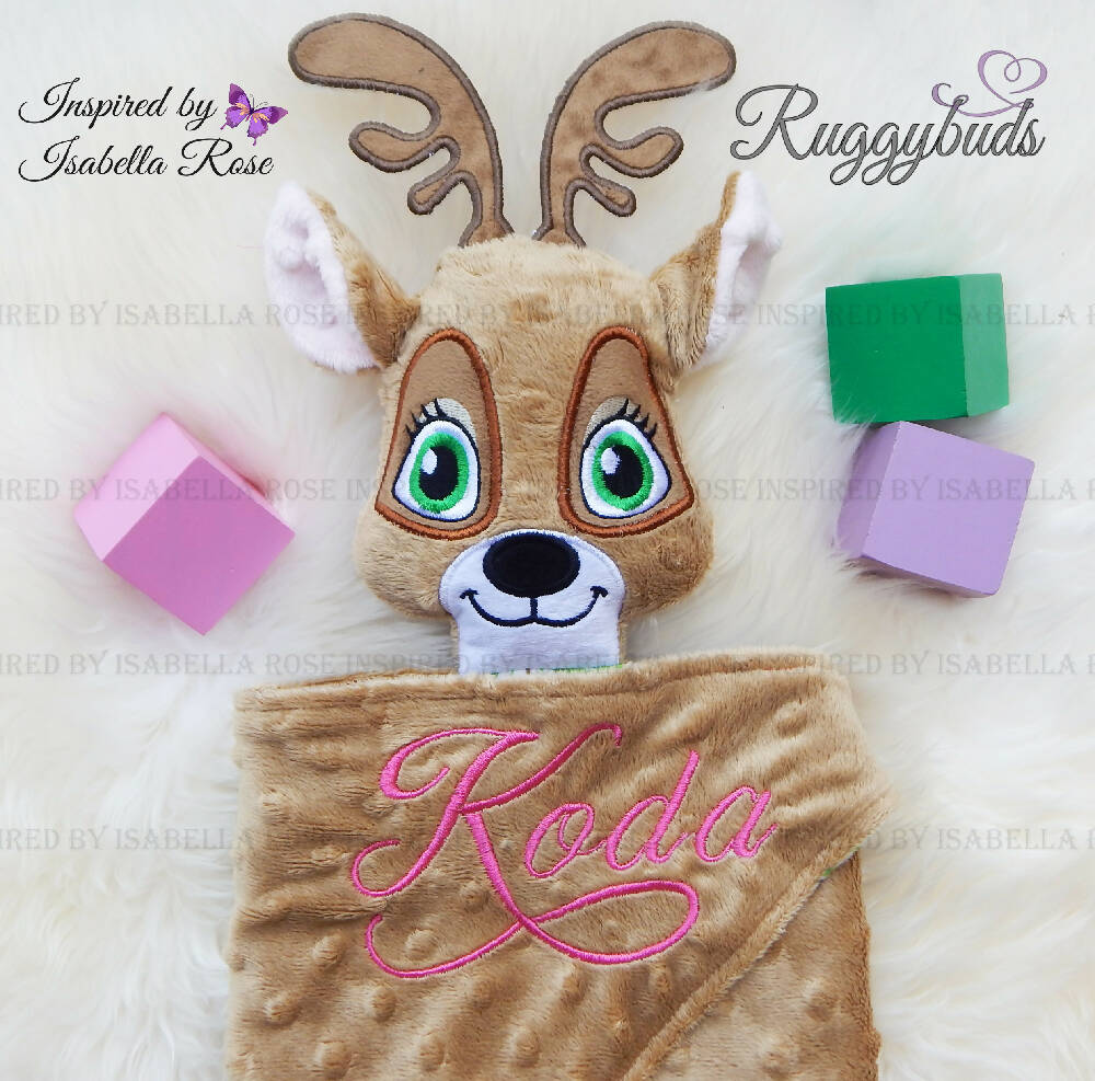 Baby comforter, Embroidered name, Deer themed Ruggybud, Made to order