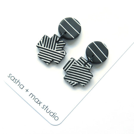 Stripe Cross black + white polymer clay earrings