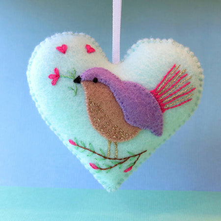 Heart Ornament - Embroidered Wool Felt - Love Bird Decoration