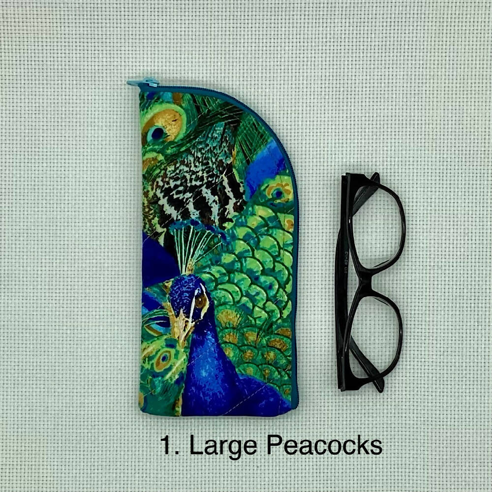 Peacock feathers Glasses Case. Fabric, padded, lightly quilted.
