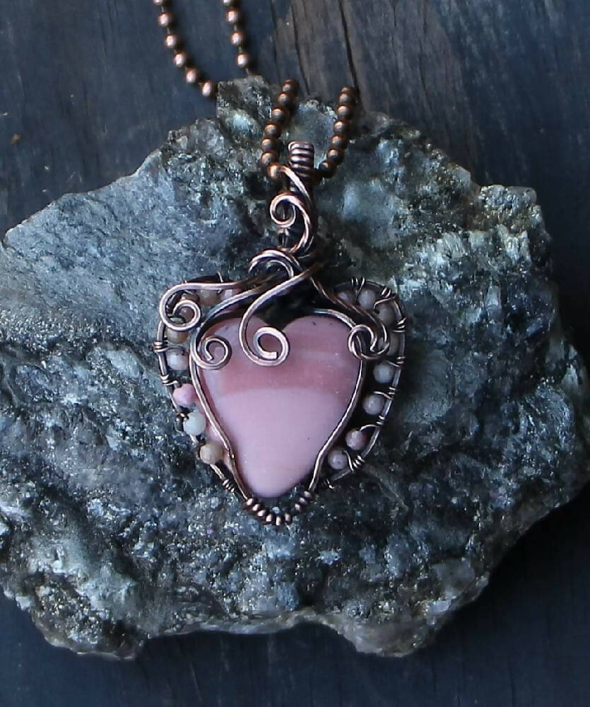Australian Pink Opal heart with Rhodonite in Copper with chain
