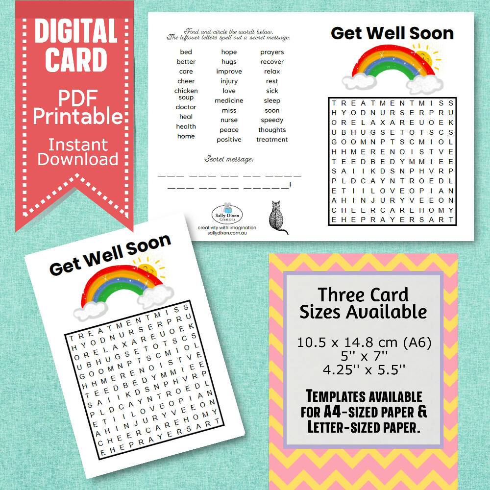 DIGITAL - Printable Get Well Card - WORD SEARCH Puzzle - PDF Download