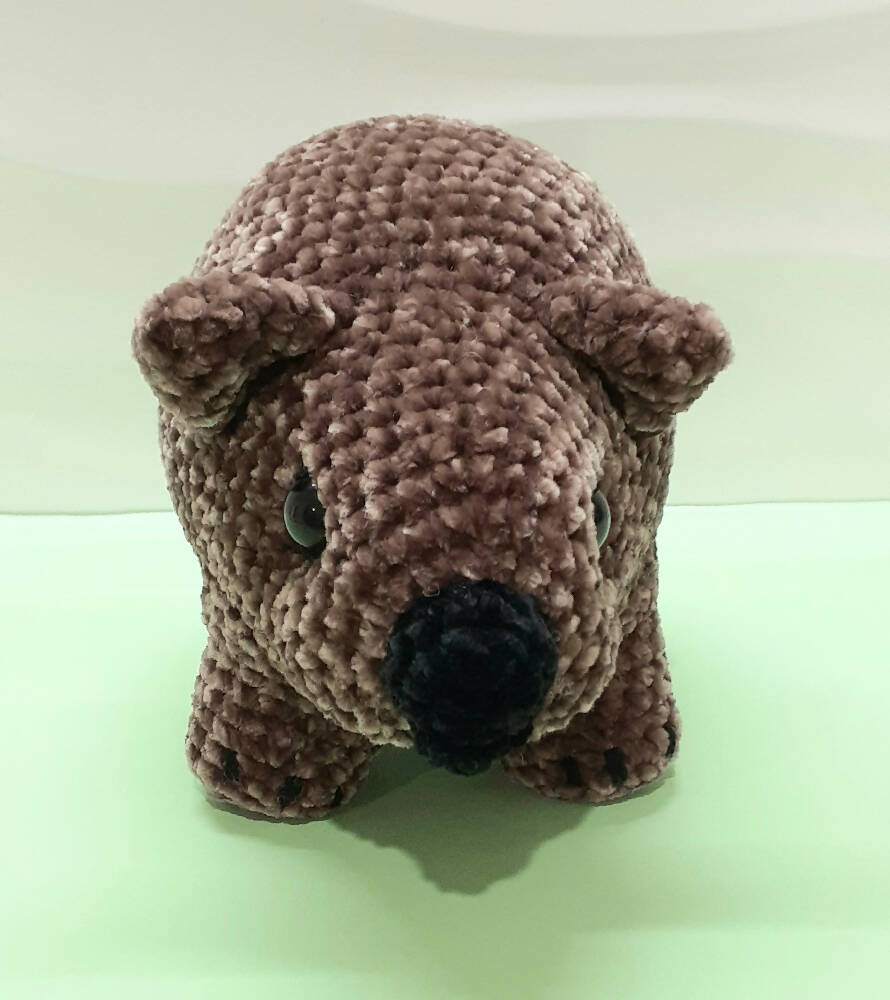 Hand made velvety soft, crocheted brown wombat