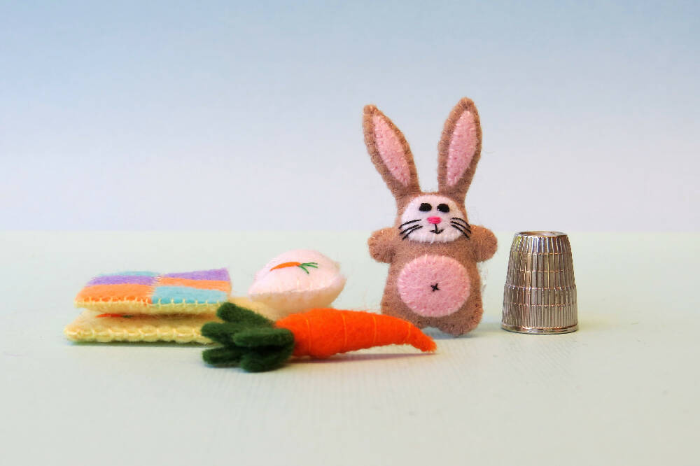 Miniature Felt Rabbit - Wool Felt Bunny Play Set - Tin Bed