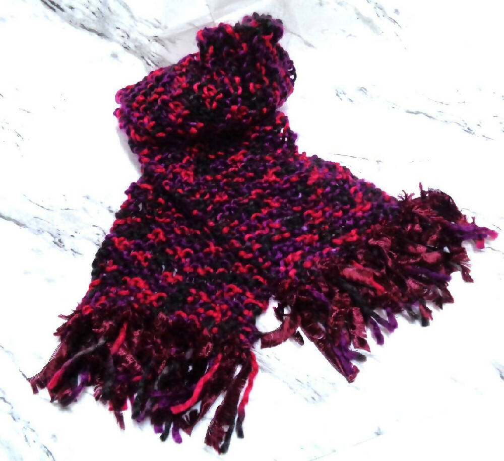 Handknitted Wool Scarf - Multicoloured - Purple - Burgundy - Black