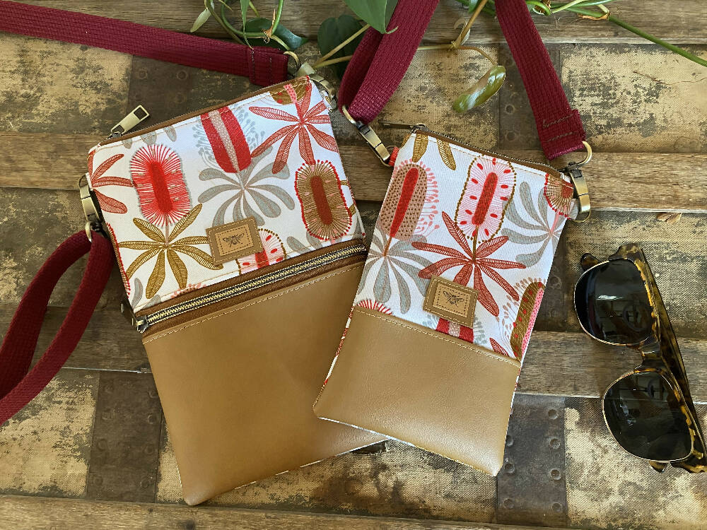 Mini & Small Crossbody Bag - Red Banksia/Tan Faux Leather
