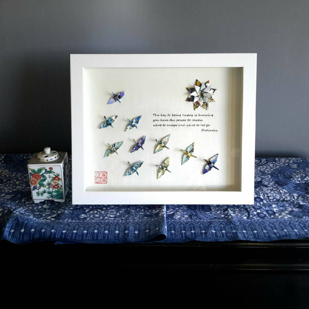 Custom order gift - handmade framed quote, colour and cranes