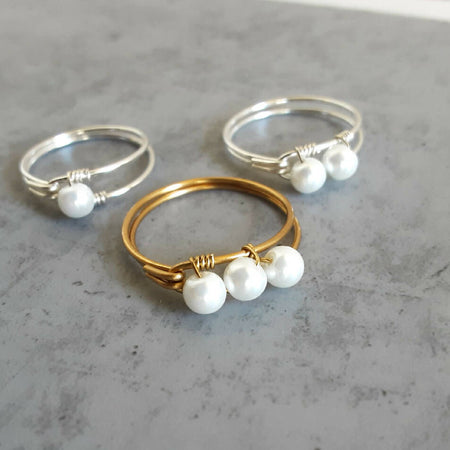 Minimal White Glass Pearl bead wire loop ring