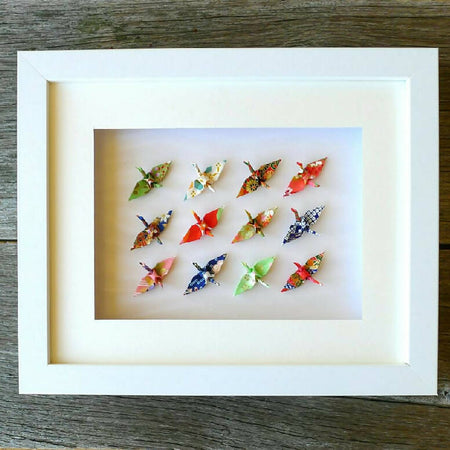 Multi Cranes - colourful framed artwork for good luck
