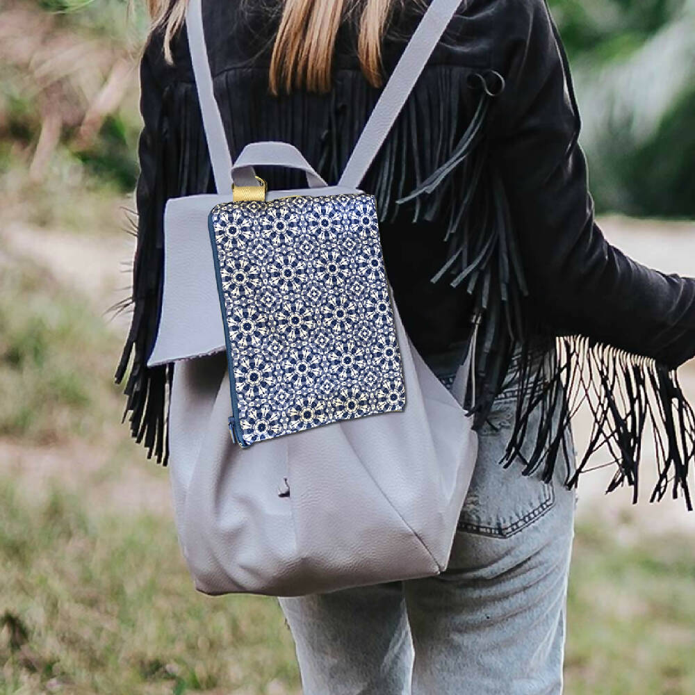 Secret Message Zipper Purse - Hamptons style blue mosaic tile print #33