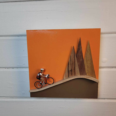 Frameless 3d composition of classic cyclist in mountains wall art