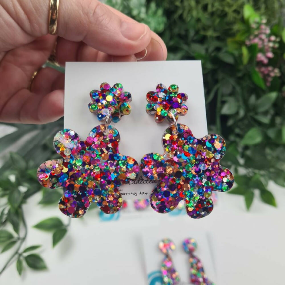 Dangle Earrings Rainbow Pop Sparkle - Resin - Stud Top
