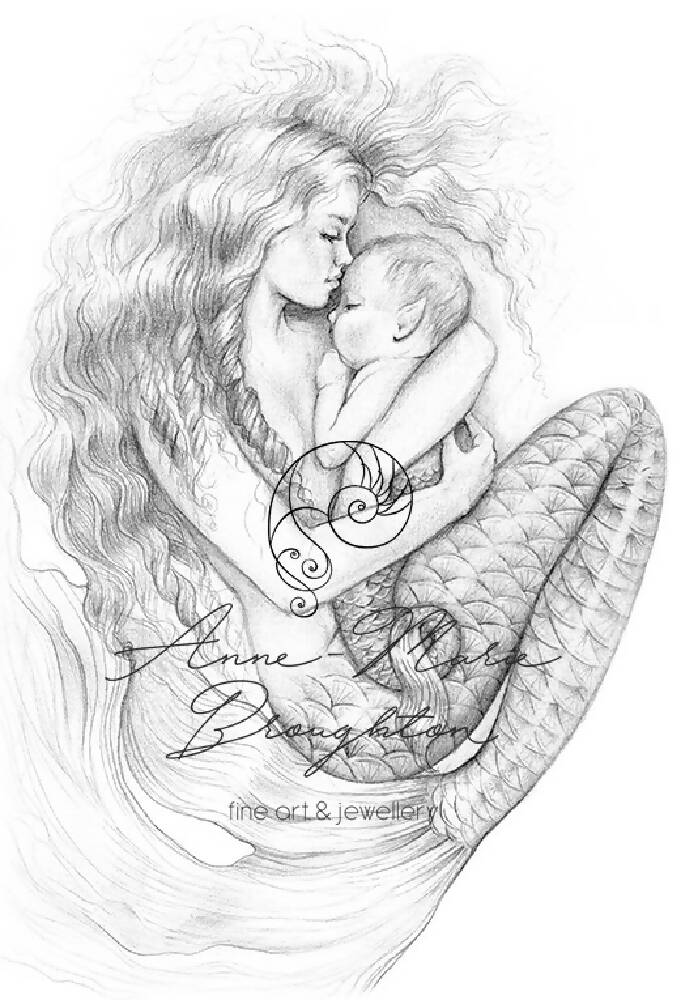 PRINT Rockabye Mother and Baby Mermaid Art Unframed Pencil Drawing