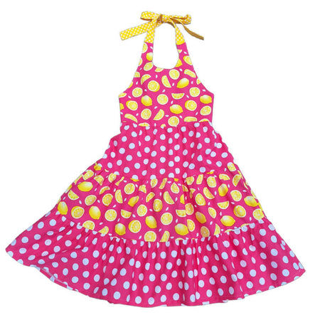 Girls Halter Neck, Hot Pink & Yellow Lemons Summer Dress | Size 6