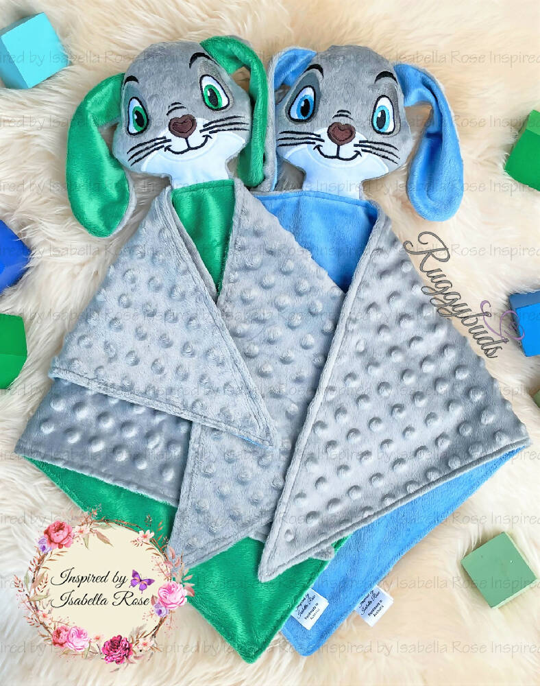 Baby comforter, Embroidered name, Bunny themed Ruggybud, Made to order