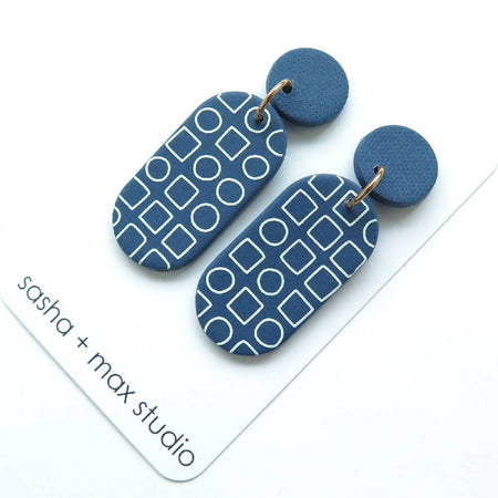 Blueprint blue and white Dot Oval Polymer Clay statement earrings
