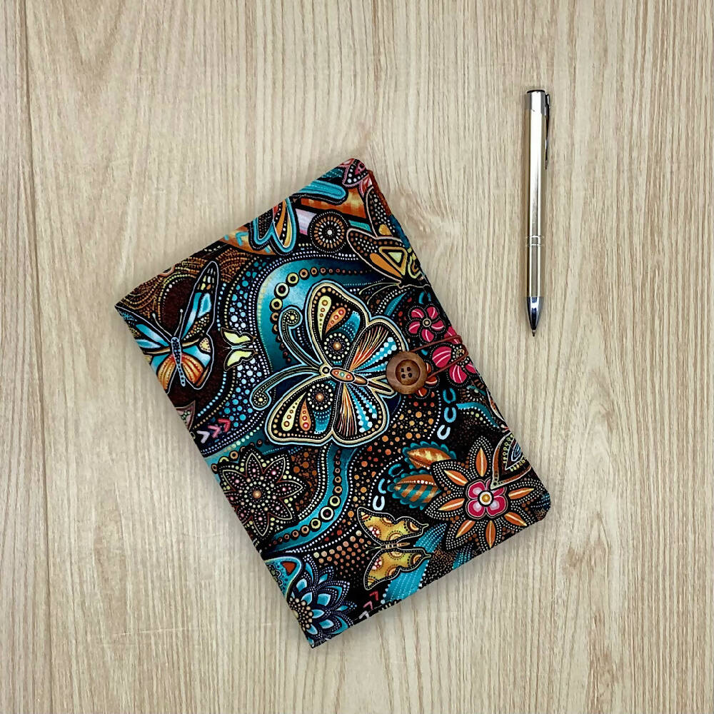Indigenous Butterflies refillable A5 fabric notebook cover gift set - Incl. book and pen.