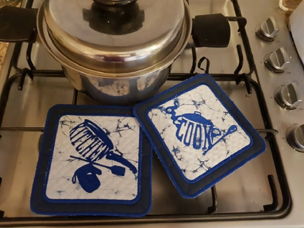 "Cooking Utensils" Embroidered Set of 2 Blue Pt Holders