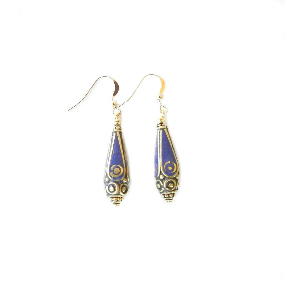 Exotic Boho Lapis Lazuli and Gold Nepal Earrings