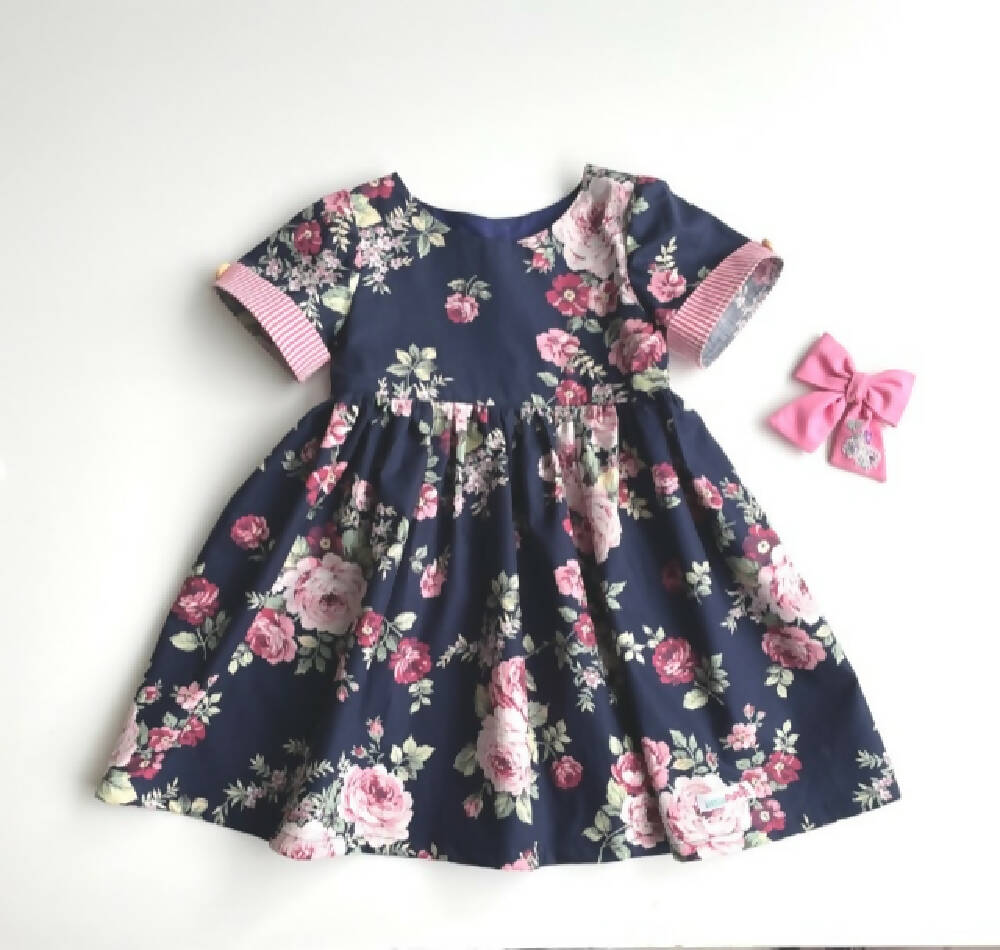 Girls Floral Dress with Candy Stripe Sleeve Trim