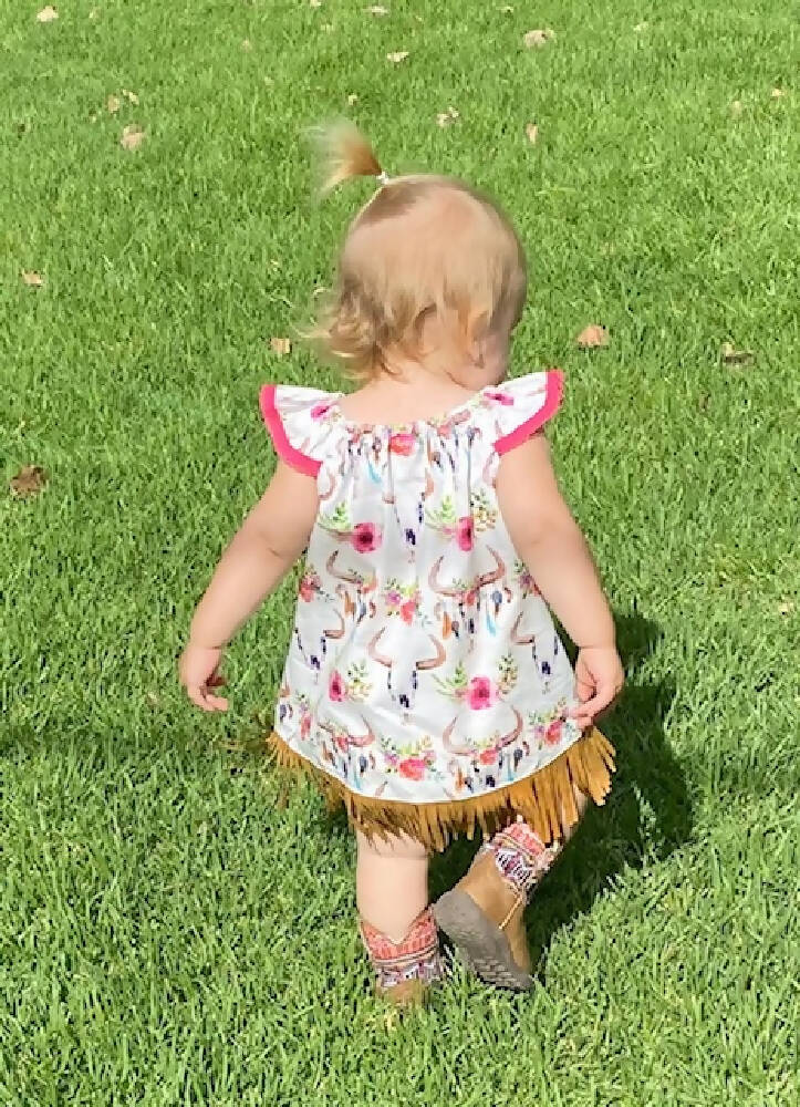 Girls Boho Dress Floral Bull Horns Suede Fringe Sizes 000-6 Custom Order