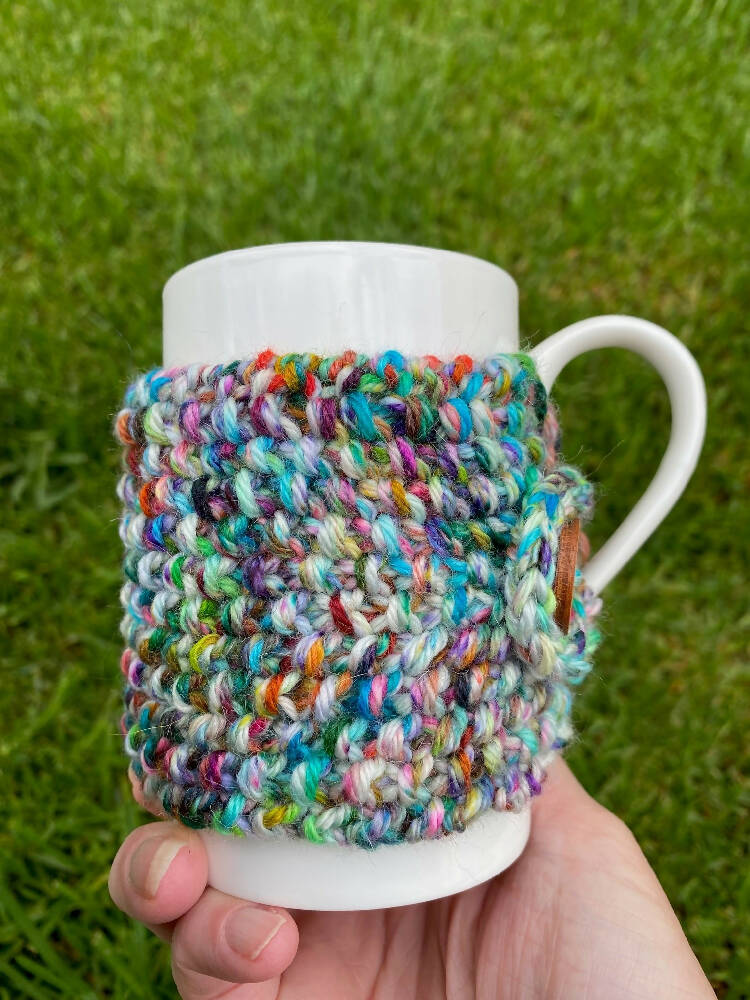 Hand Knitted Cup Cozy, Cup Cozy, Rainbow Mug Rug