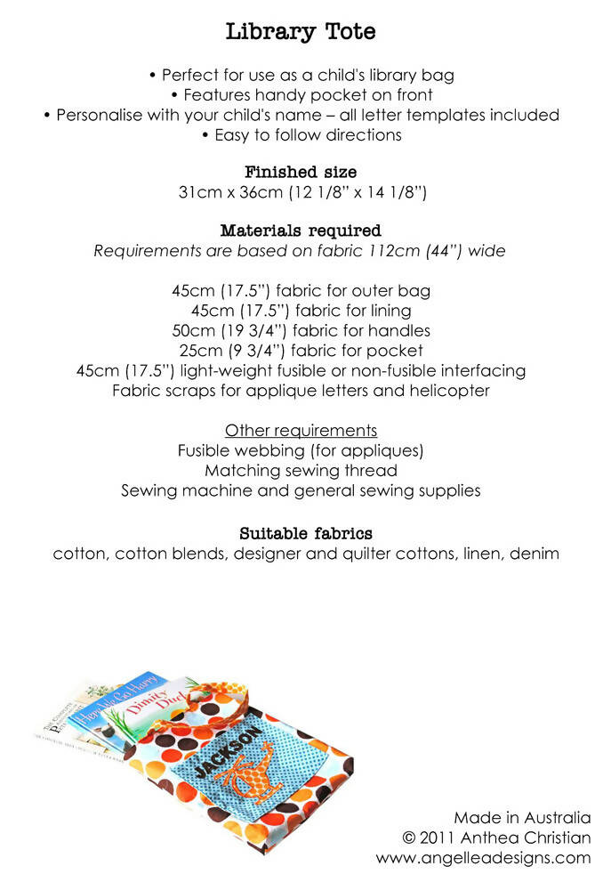 Library Tote Bag PDF Sewing Pattern, School, Kindy, Personalised Bag