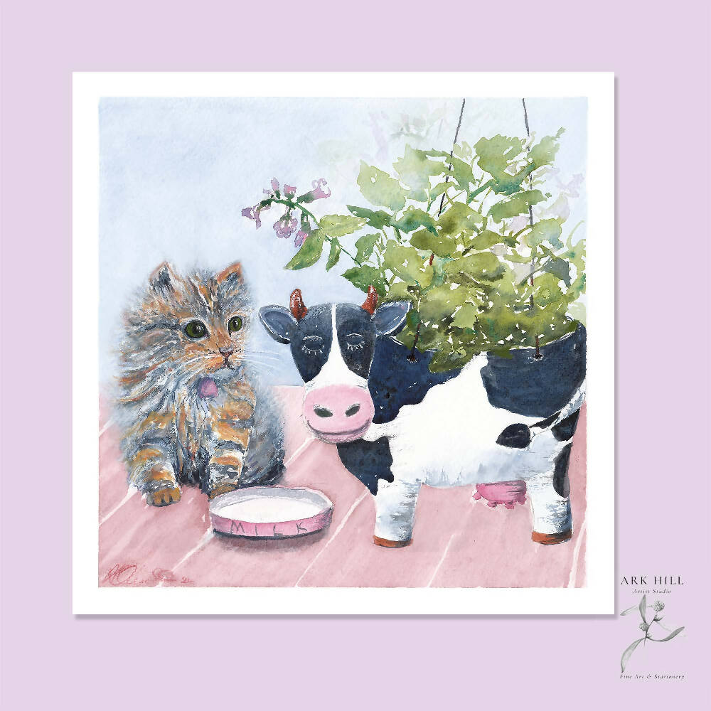 Novelty Cow Planter and Tabby Kitten, Giclee Art Print by Ark Hill Studio