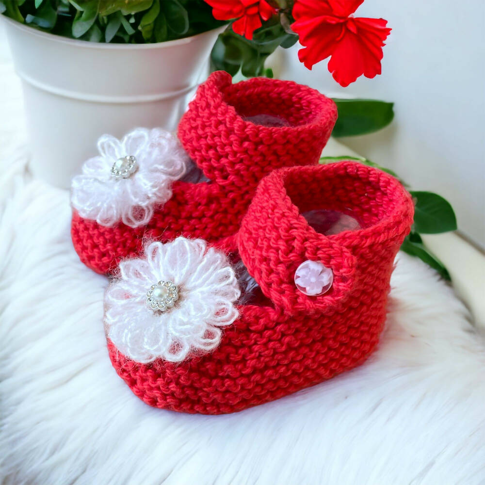 knitted red baby booties