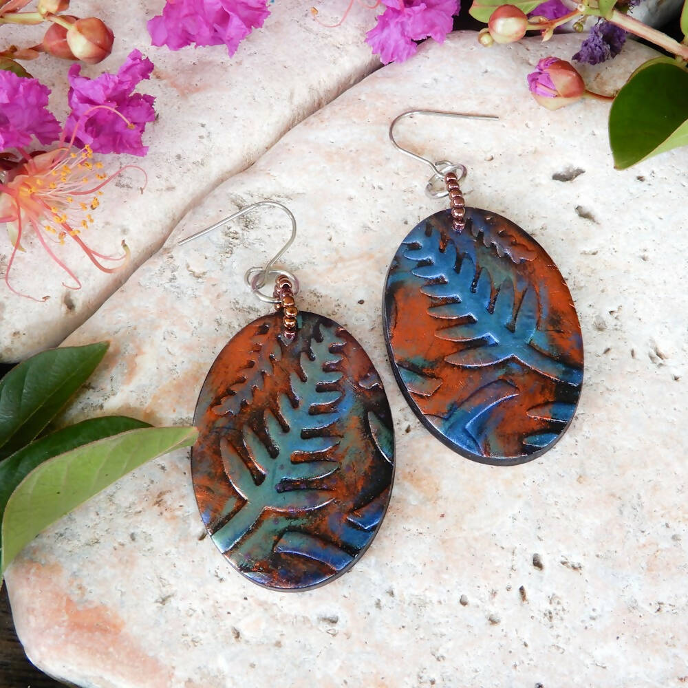 Blue & Bronze Polymer Clay Earrings "Leafy Blue"