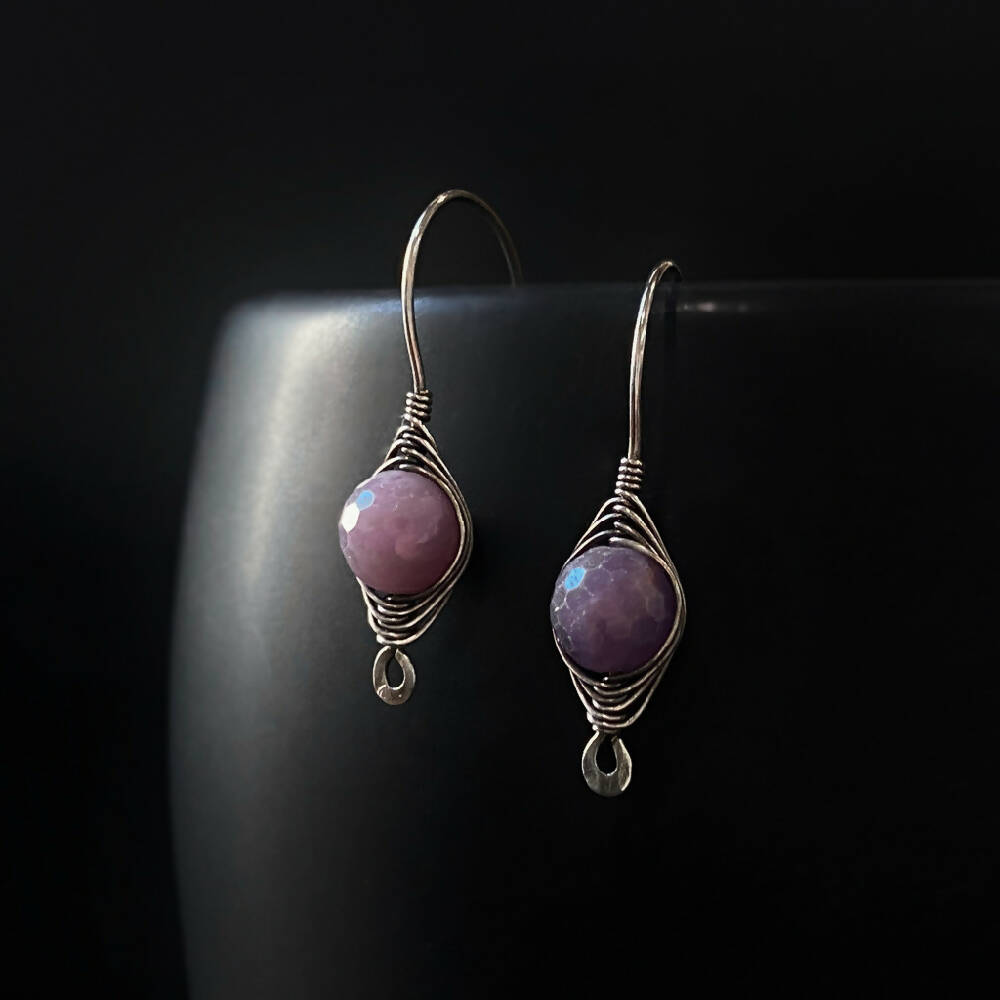 Sterling Silver Herringbone Weave Wire Wrap Ruby Earrings