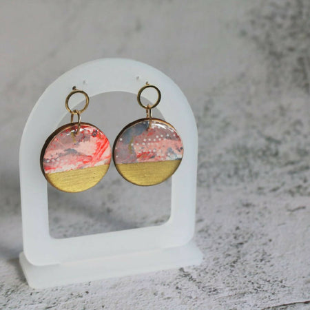 Sunset Sands Collection | Round Dangles Resin Earrings| Gold Red Shimmer