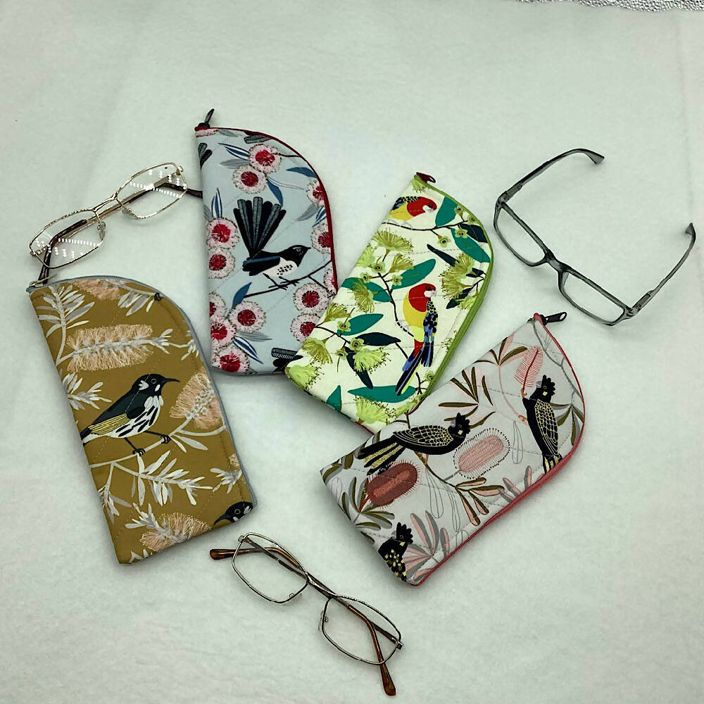 Australian Birds Glasses Case. Fabric, padded, lightly quilted.